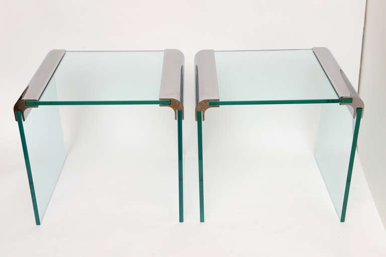 Pair of Pace Glass and Stainless Steel Waterfall Side Tables