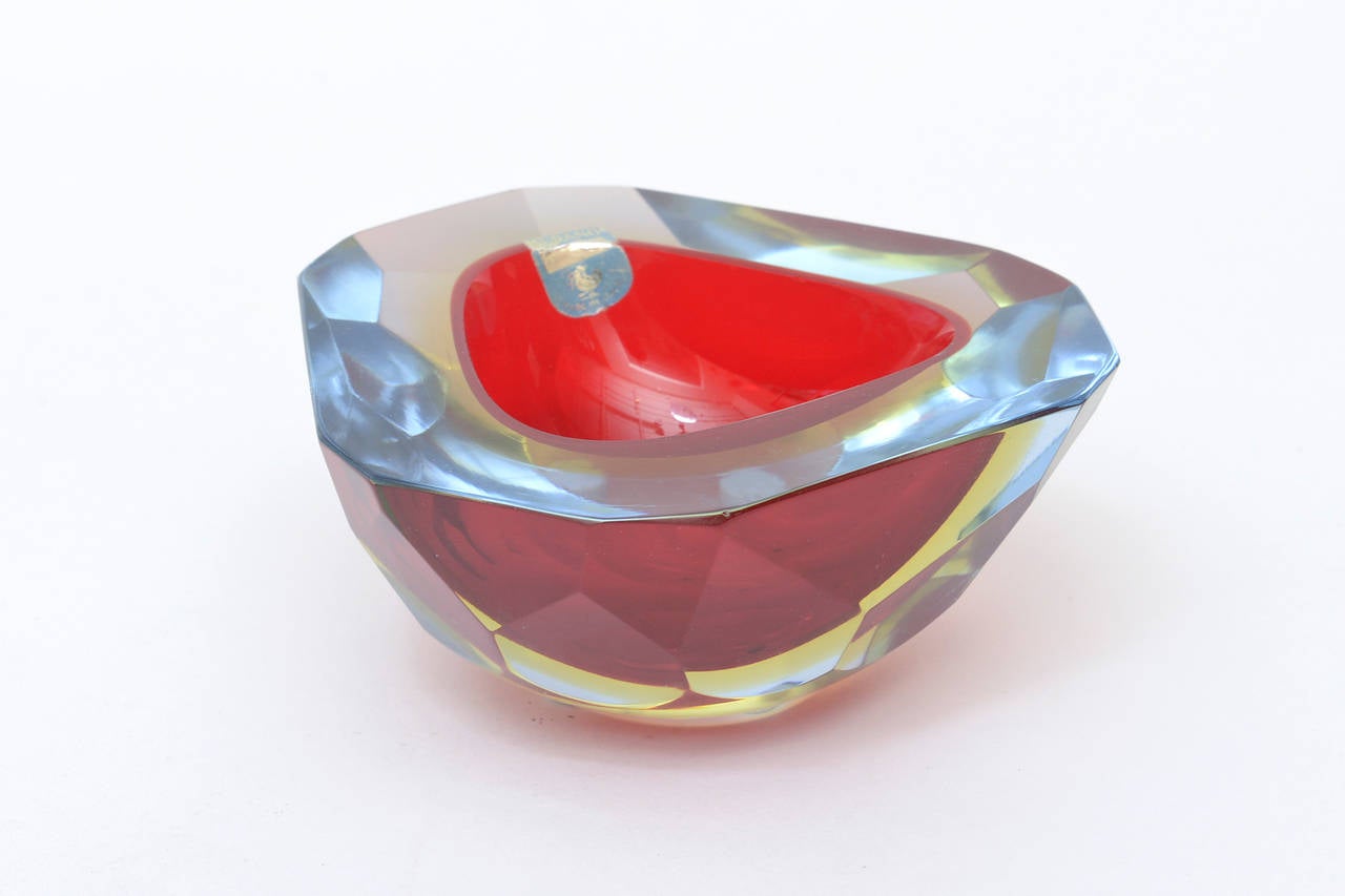 Diamond Faceted Italian Murano Sommerso Geode Glass Bowl