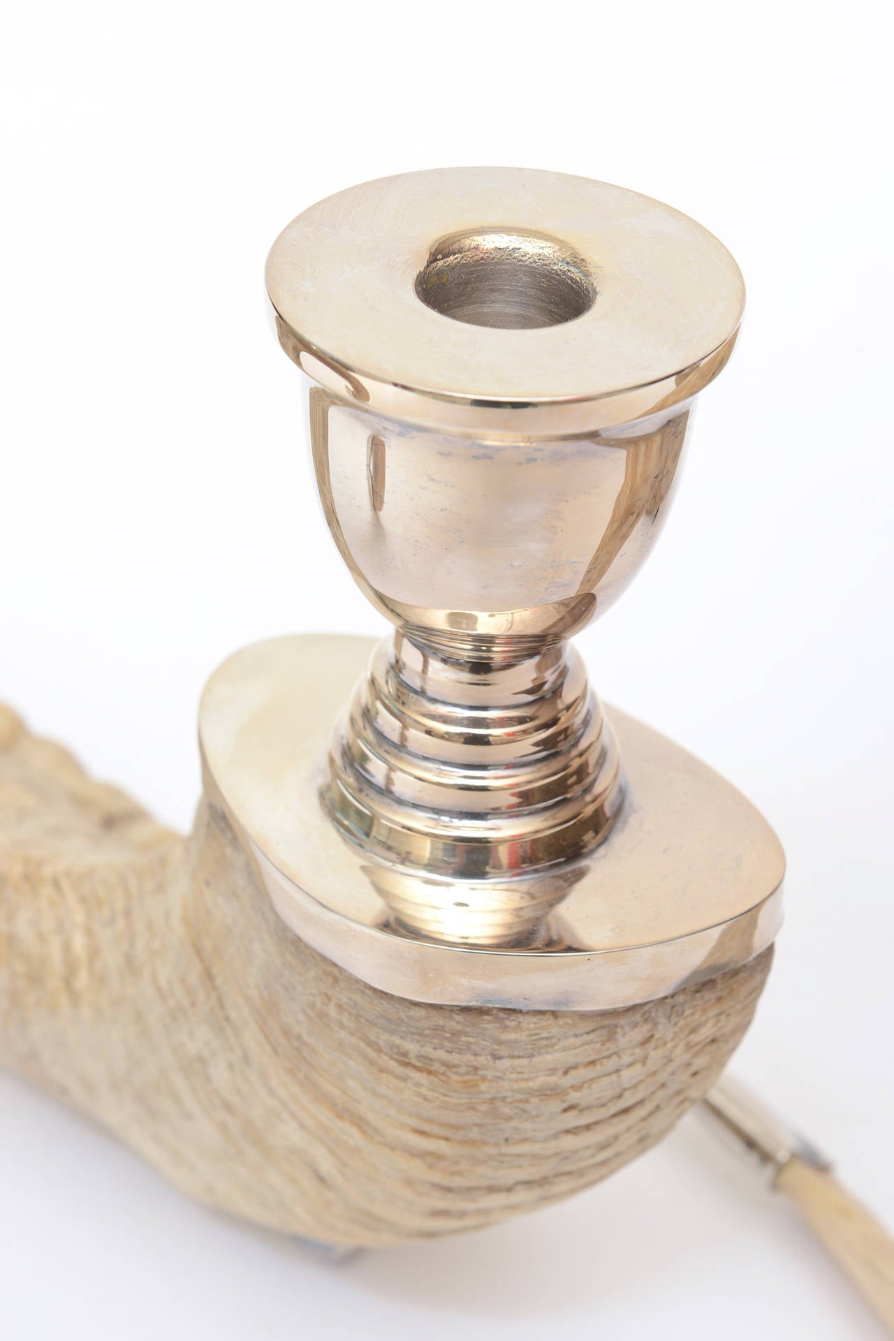 These sculptural, organic and twisted ram's horn candlesticks have silver plate ball feet and silver plate tips.
Their configurations can be in multiple forms. They can be intertwined or be turned many different ways to form many different