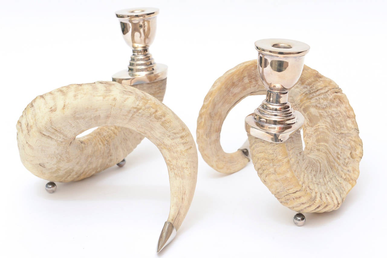 Mexican Pair of Ram's Horn and Silver Plate Sculptural Candlesticks