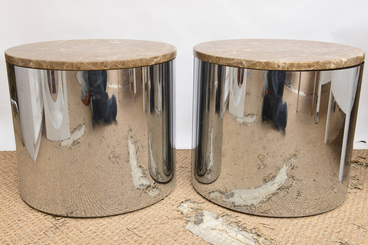 Pace Attributed Stainless Steel And Marble Cylinder Round Side Tables In Good Condition In North Miami, FL