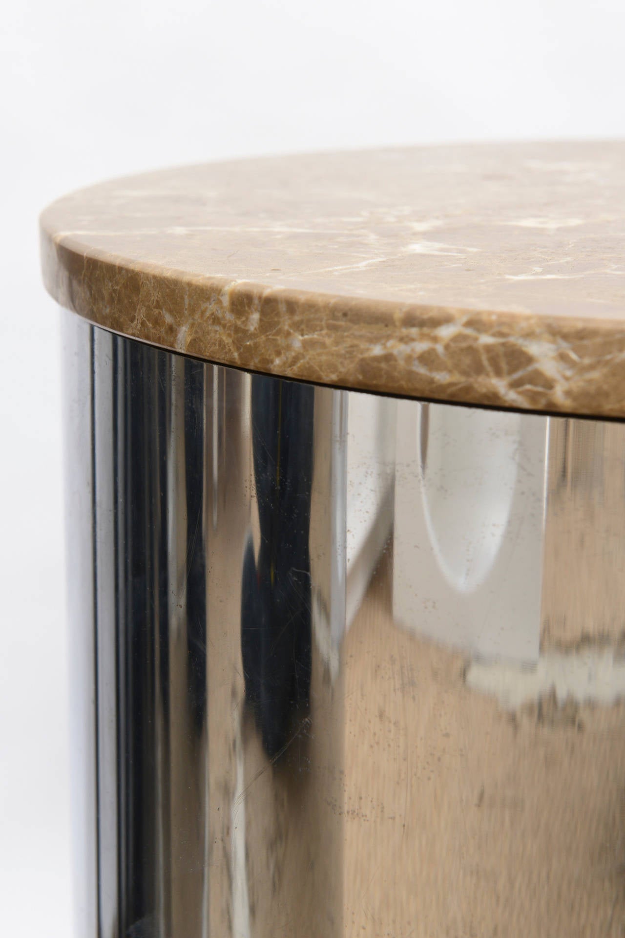 Late 20th Century Pace Attributed Stainless Steel And Marble Cylinder Round Side Tables