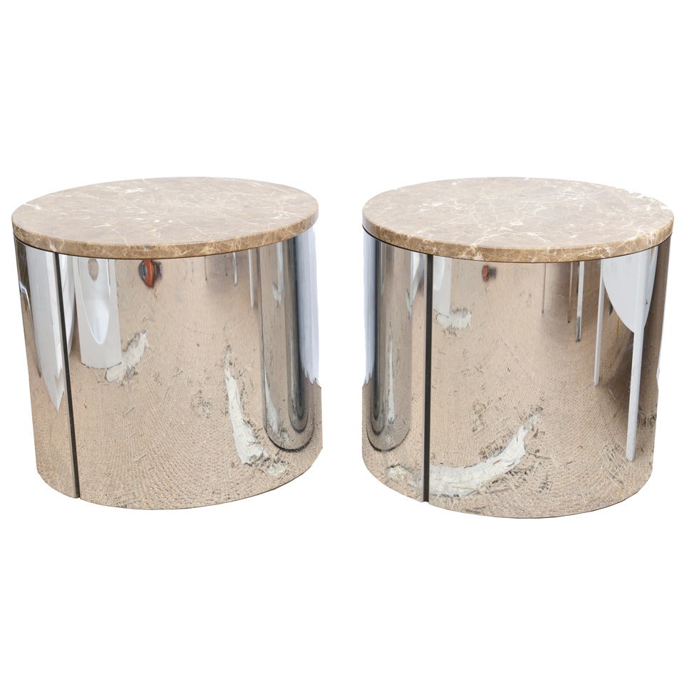 Pace Attributed Stainless Steel And Marble Cylinder Round Side Tables