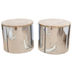 Pace Attributed Stainless Steel And Marble Cylinder Round Side Tables