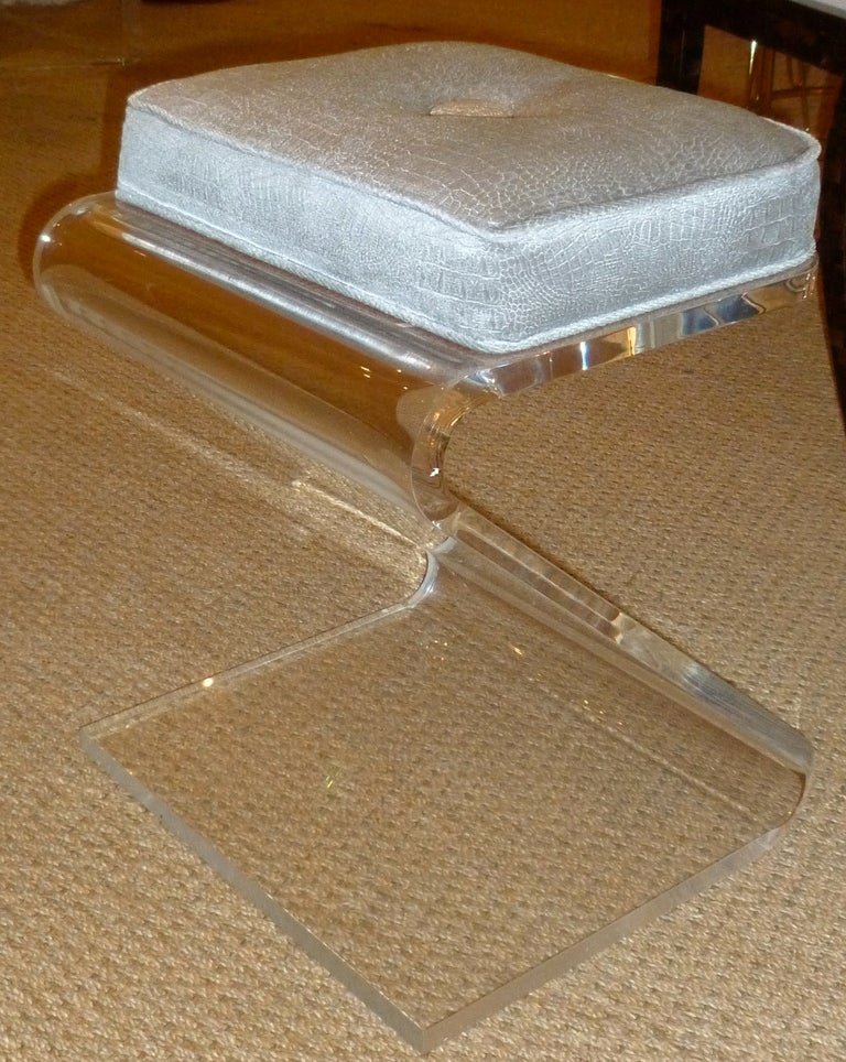 Lucite and Upholstered Sculptural Vanity "Z" Stool