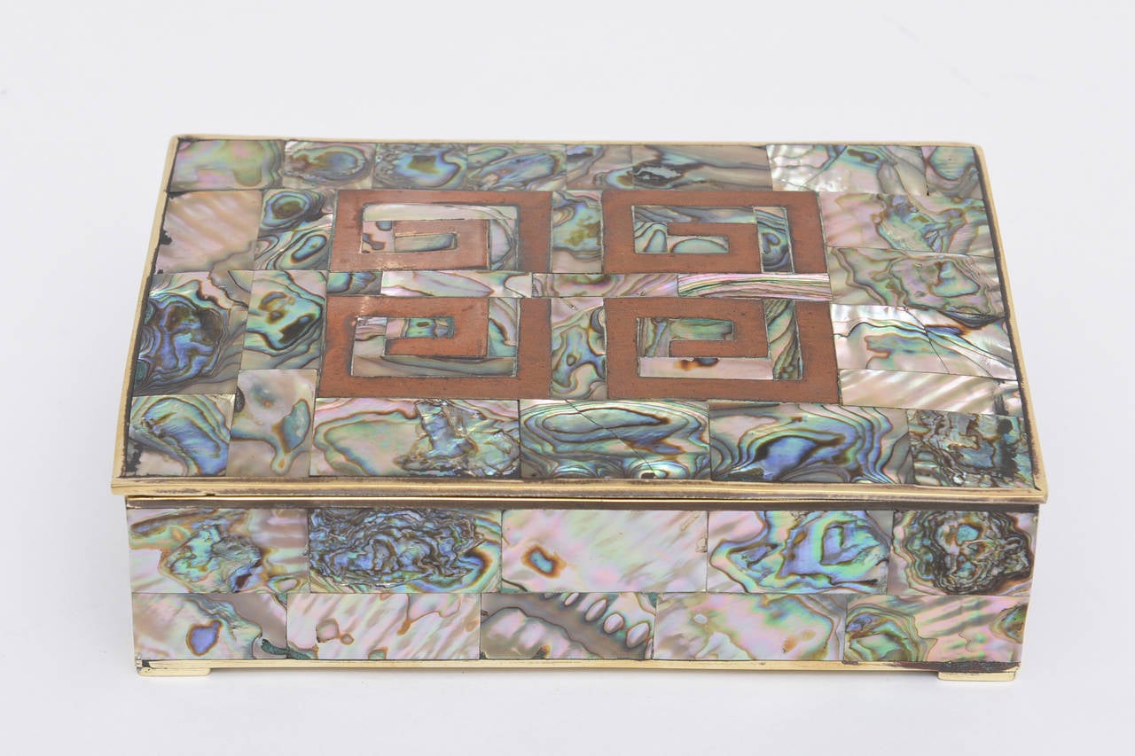 Signed Greek Key Abalone, Copper and Brass Hinged Box
