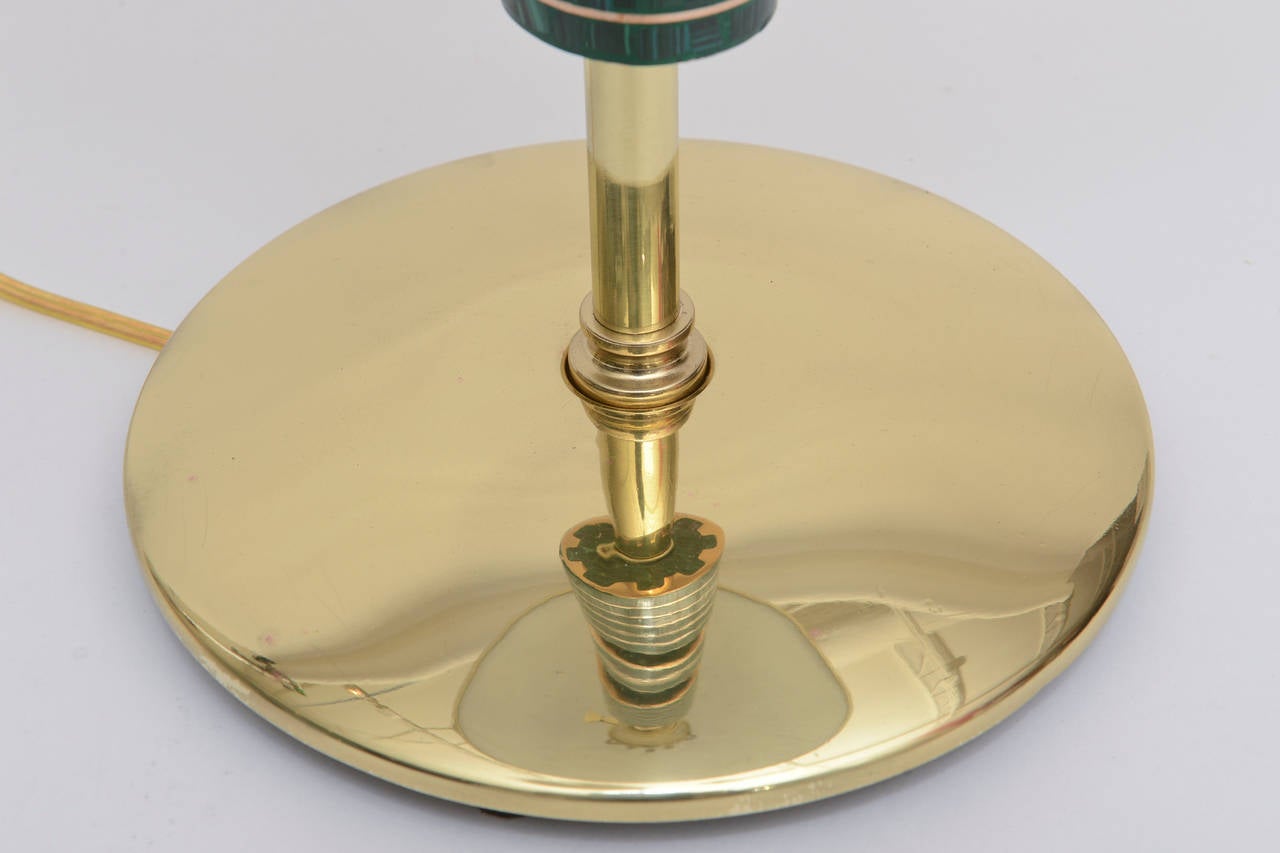 Pepe Mendoza Style Polished Brass, Bronze and Malachite Lamp Mid-Century Modern In Good Condition In North Miami, FL