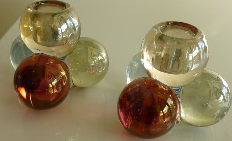 Pair of Italian Murano 4 Glass Ball Low Candlesticks