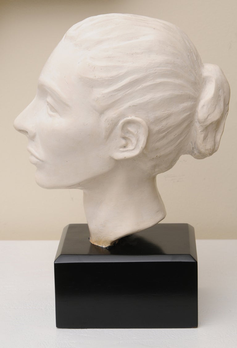 Vintage Italian Plaster of Paris Sculpt Head Bust Sculpture with Black Wood Base For Sale 1