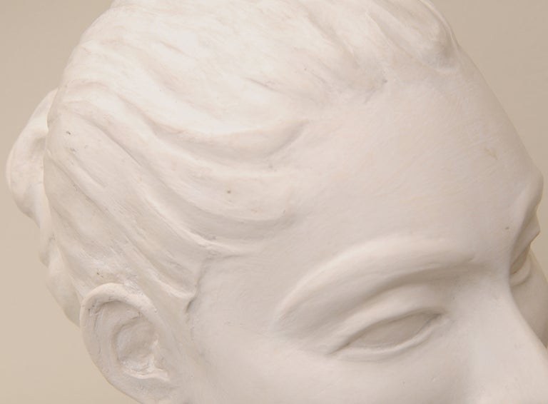 Italian Vintage Plaster of Paris Head Bust Sculpture with Black Wood Base In Good Condition For Sale In North Miami, FL