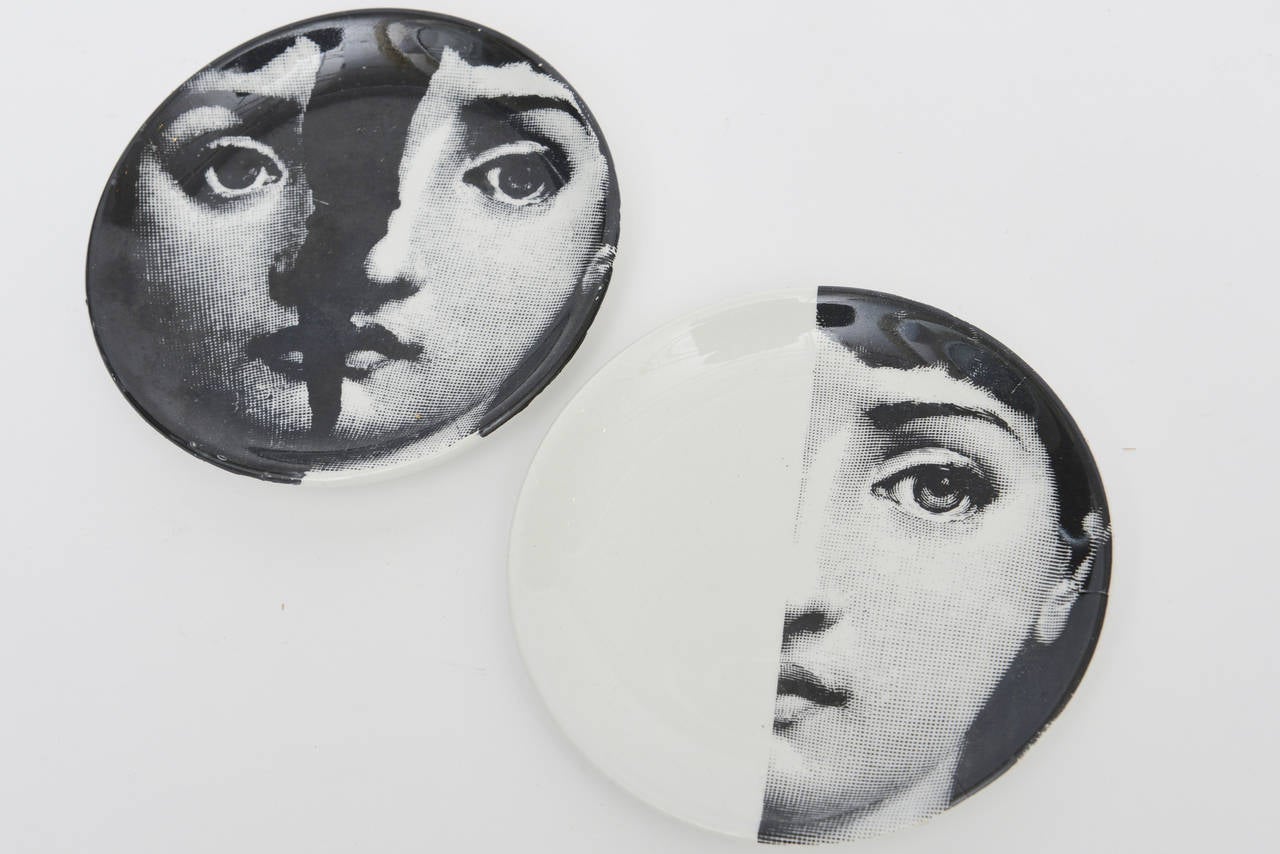 These dramatic and arresting images of the themes and variations of the faces of the famous muse opera singer that Fornasetti cherished are wonderful
images in coaster or small plate form. The tongue in cheek statement of crossed lines, dots, x