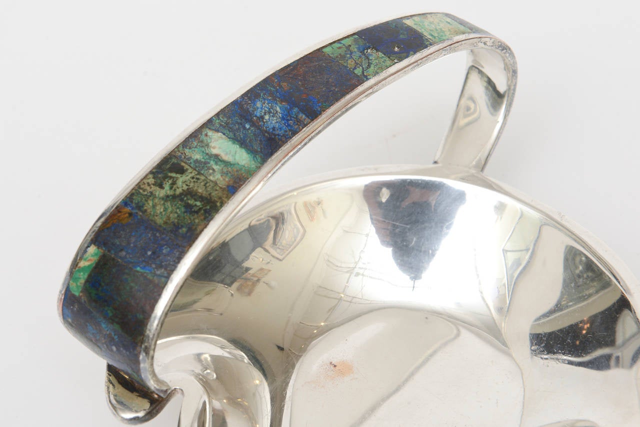 Los Castillo Silver Plate, Lapis, Turquoise and Sodalite Bowl Mid-Century Modern In Good Condition In North Miami, FL