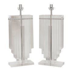 Pair of Monumental Stepped Architectural Lucite/ Chrome Lamps