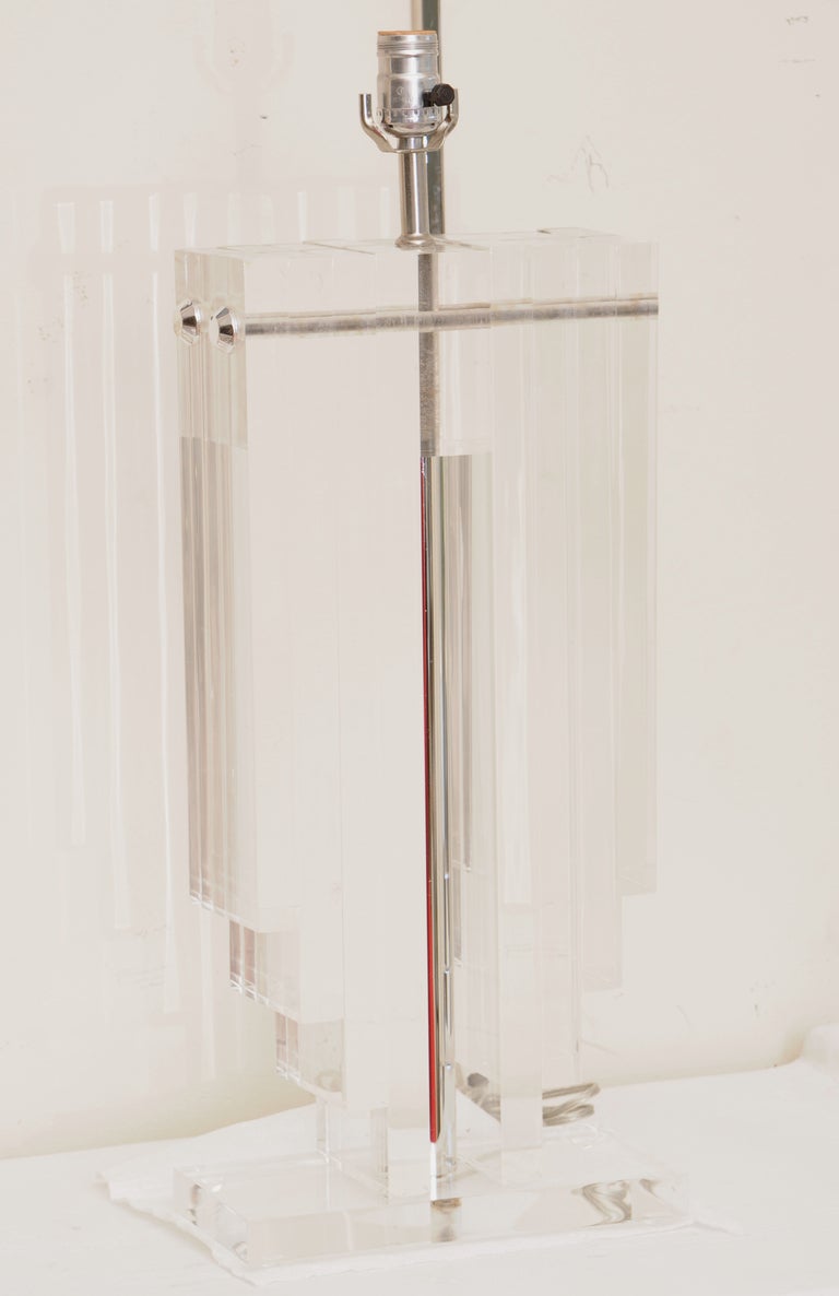 Pair of Monumental Stepped Architectural Lucite/ Chrome Lamps