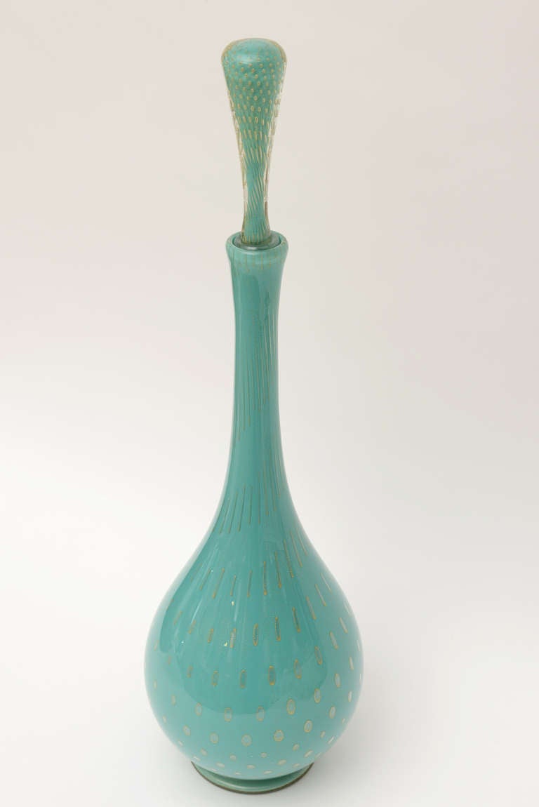 Monumental Barovier e Toso Italian Murano Glass Turquoise Decanter Bottle In Excellent Condition In North Miami, FL