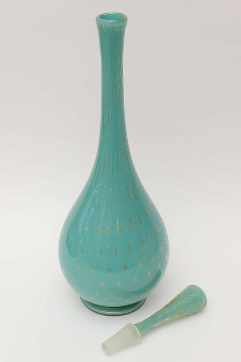 Monumental Barovier e Toso Italian Murano Glass Turquoise Decanter Bottle 1