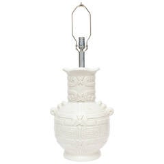 Italian Textural Aztec Inspired White Crackled Monumental Ceramic Lamp 2