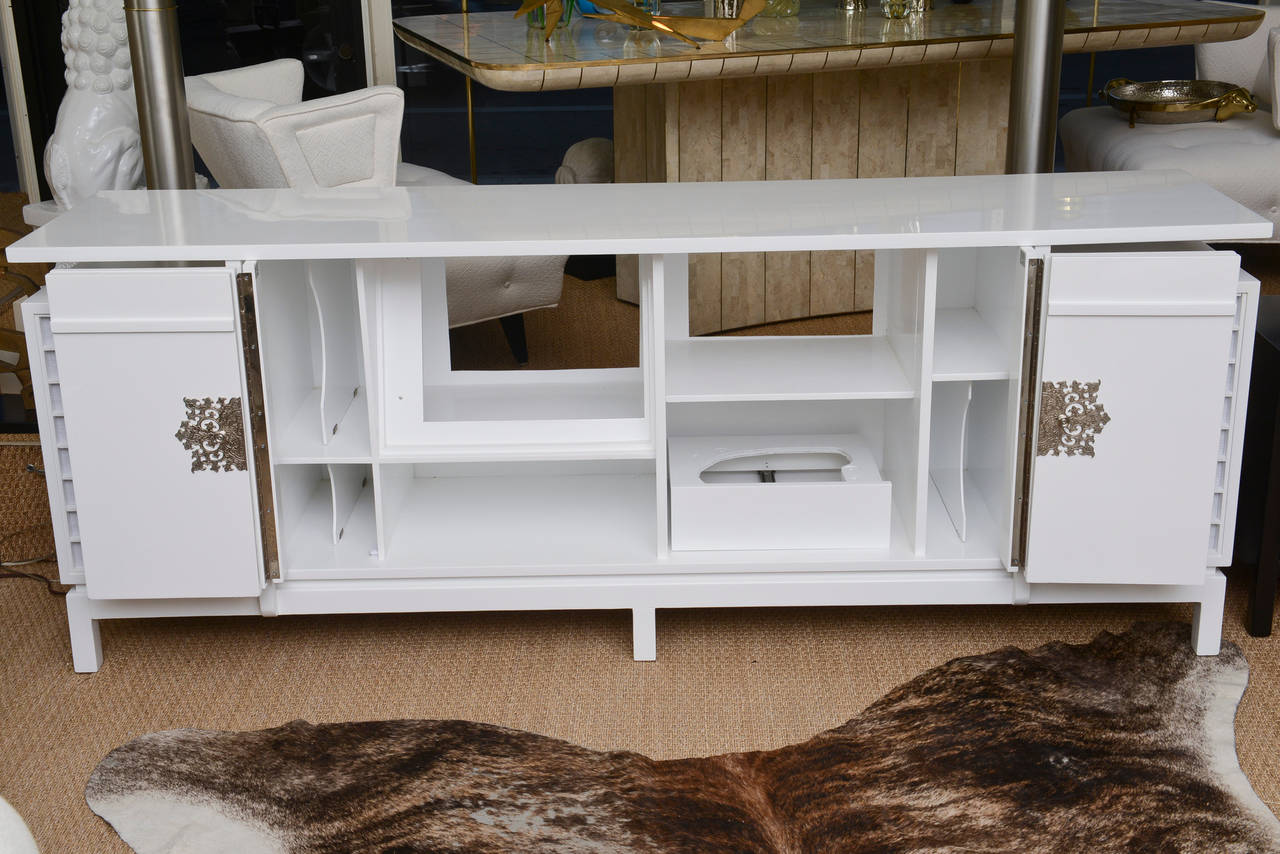 White Lacquered and Nickel Silver Cabinet or Entertainment Cabinet 1