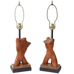 Pair of Carved Male and Female Heifetz Lamps