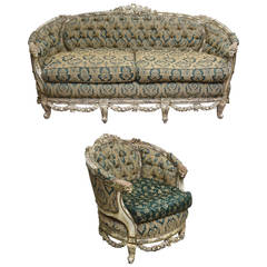Ornately Carved 1920s Ram's-Head Sofa and Side Chair