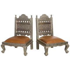 Pair of Repousse Metal Chairs with Leather Upholstery