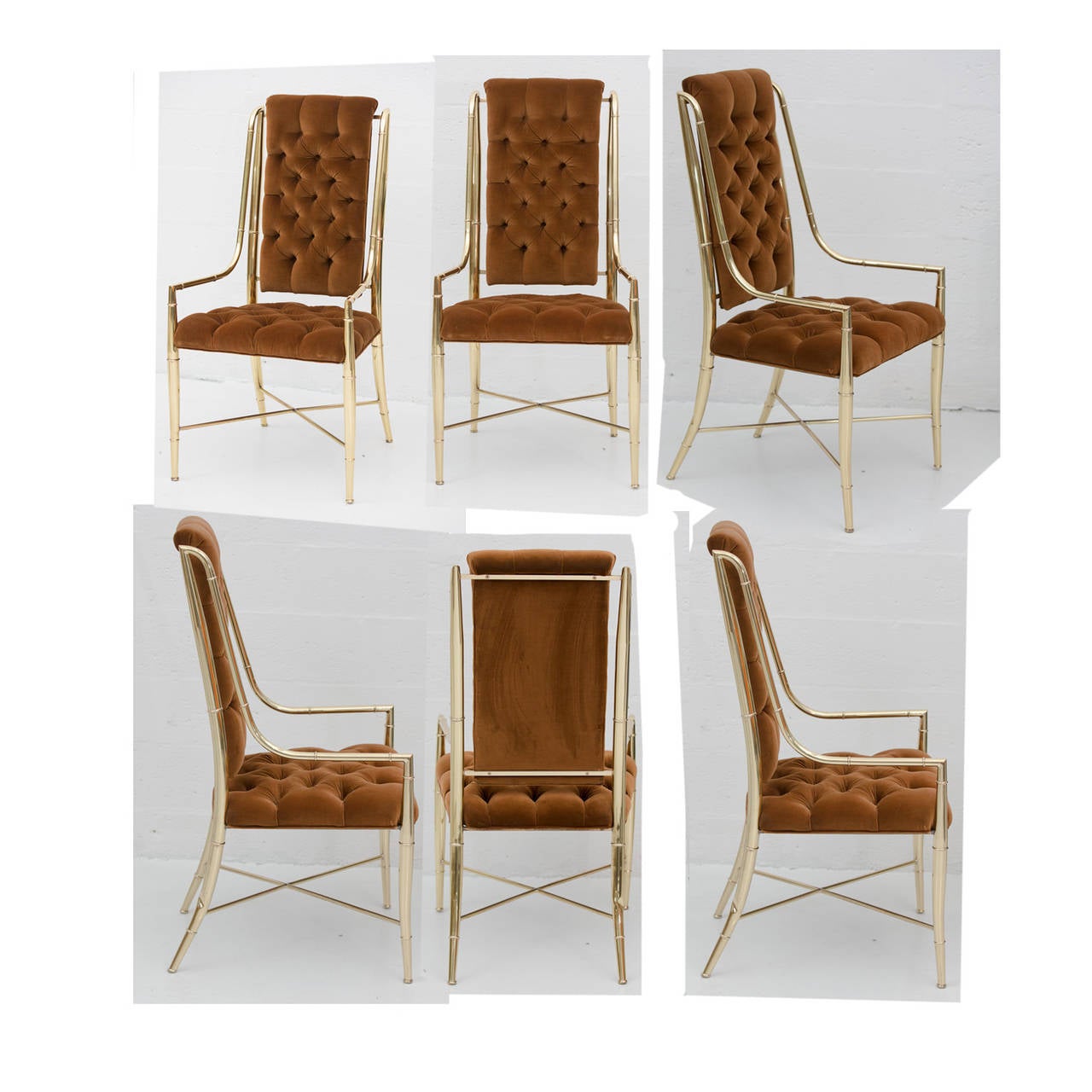 Set of six brass dining room chairs by Mastercraft,
with vintage velvet tufted upholstery.
Recently polished to perfection.
Another set in vintage brass condition
and different velvet fabric available.