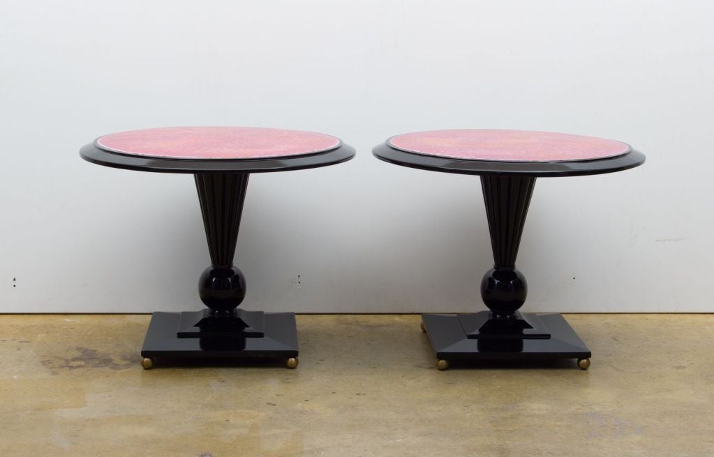 Pair of Side Tables by an American artist Doris Hall.
Mounted on lacquered carved bases with gilt detail 
Each is signed @ top.

