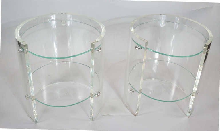 Pair of Open Drum Lucite and Glass End Tables featuring 
solid clear Lucite 1.75