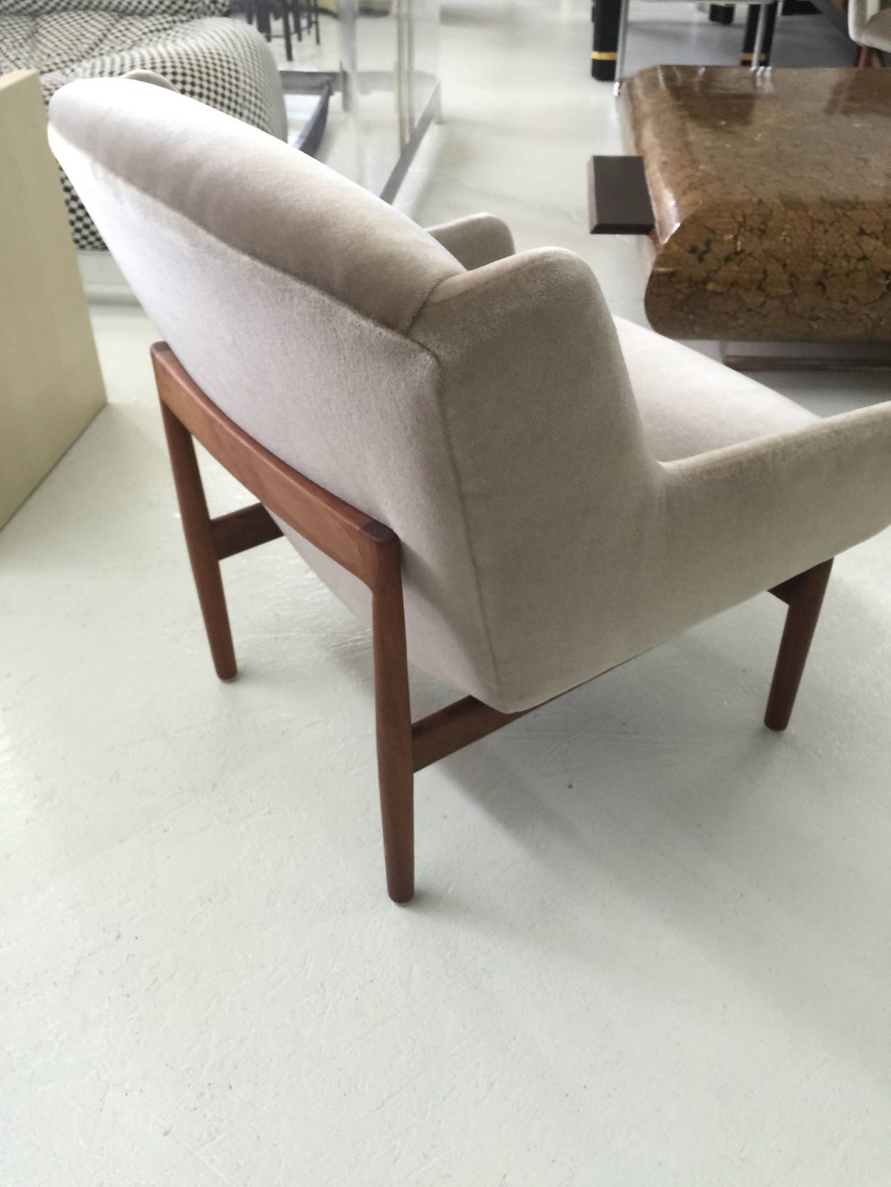 Pair of lounge chairs by Jens Risom 
with new mohair upholstery, solid teak frame, 16