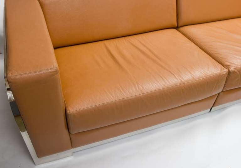 Modern 1980's Leather and Steel Frame Sofa