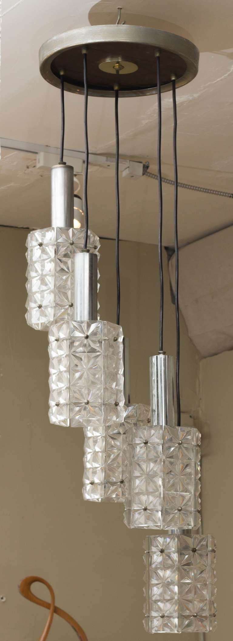 Five Lights Chandelier by Mazzega 
With Murano glass hexagonal shades 
cascading from a chrome round ceiling wall mount.