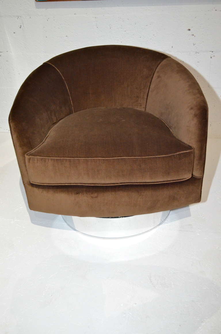 Pair of Milo Baughman Swivel Chairs 
on chromed steel wrapped bases.
New Velvet upholstery.

