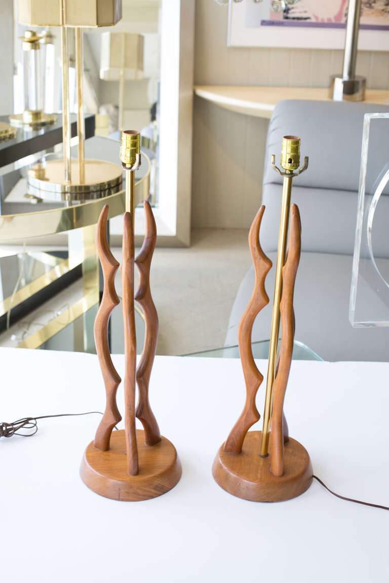 American Midcentury Walnut and Brass Table Lamps