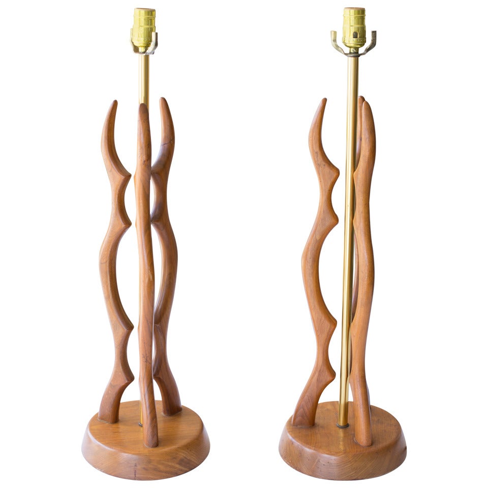 Midcentury Walnut and Brass Table Lamps