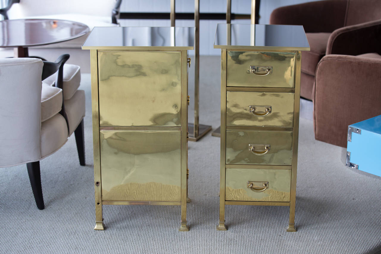 Pair of 1940s French moderne nightstands
in Maison Jansen style with brass veneer,
original brass pulls and new gray mirror tops.
Displayed @ ENTREPOT, Miami
By appointment only.