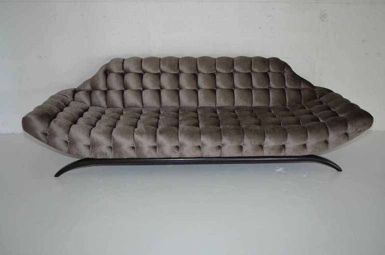 Gondola Sofa  by Glenn of California 
Featuring solid Mahogany sculptural base in Ebony finish and new custom tufted silk Velvet upholstery.
Another similar available.
Displayed @ ENTREPOT, Miami.
By appointment only.