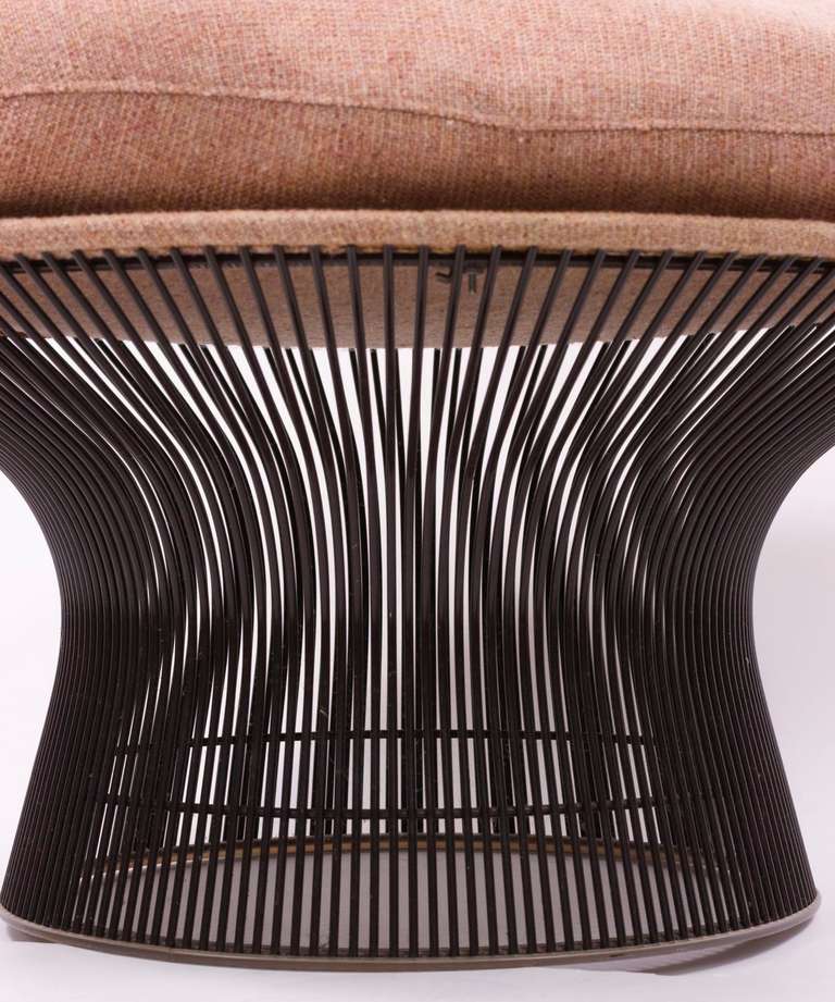 Ottoman by Warren Platner for Knoll
with bronze finish steel wire base and original 
wool tweed Knoll upholstery.