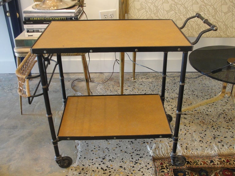 Jacques Adnet Stitched Leather Bar Cart In Good Condition In East Hampton, NY