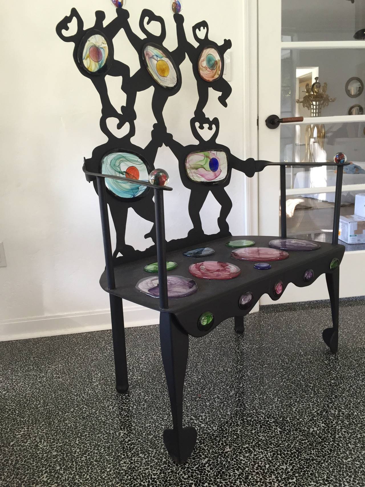 D & K Smith Modern Iron Settee with Inset Art Glass In Good Condition For Sale In East Hampton, NY