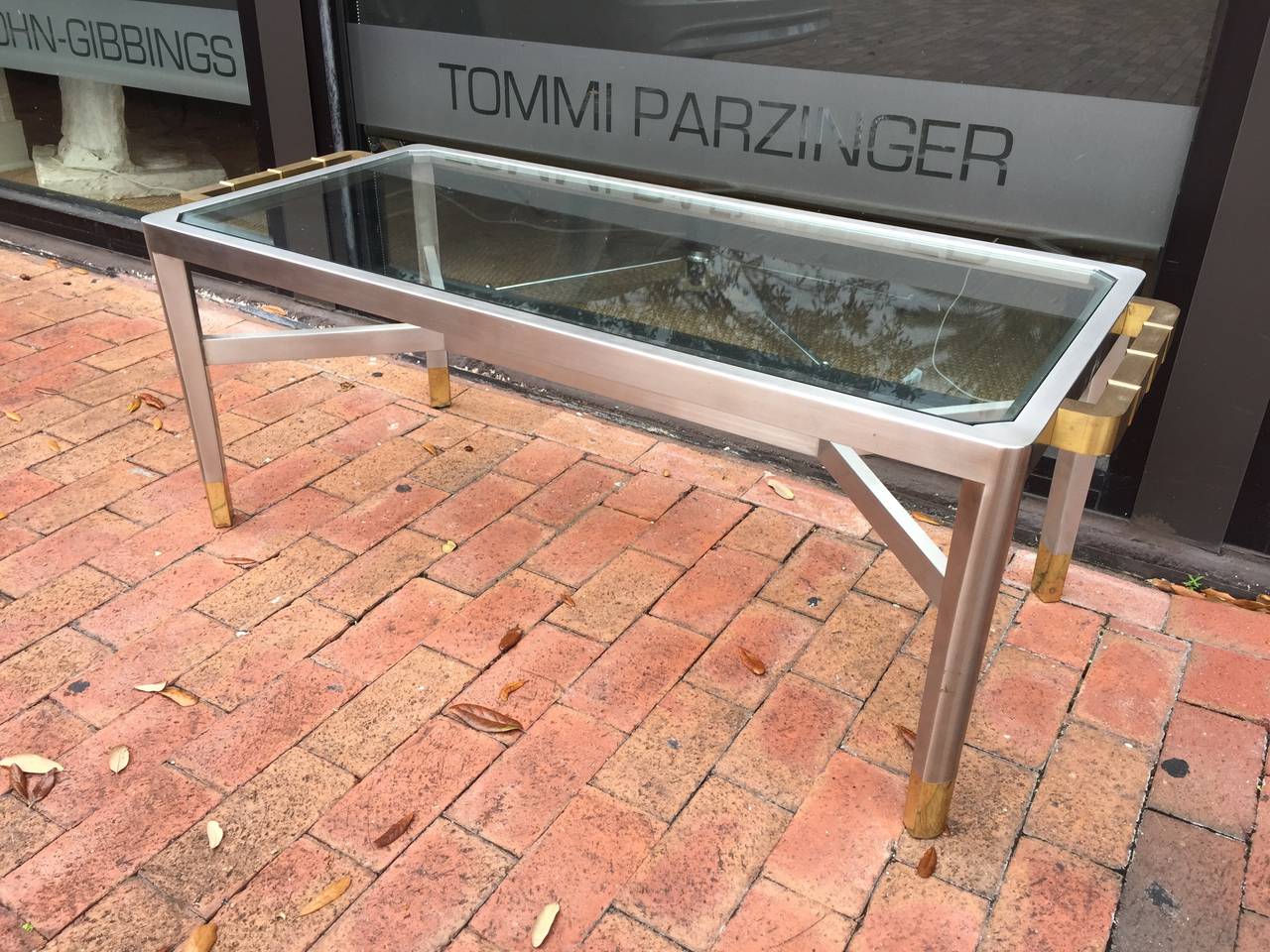 Glass Exceptional Jansen Brushed Steel and Brass Cocktail Table (signed) For Sale