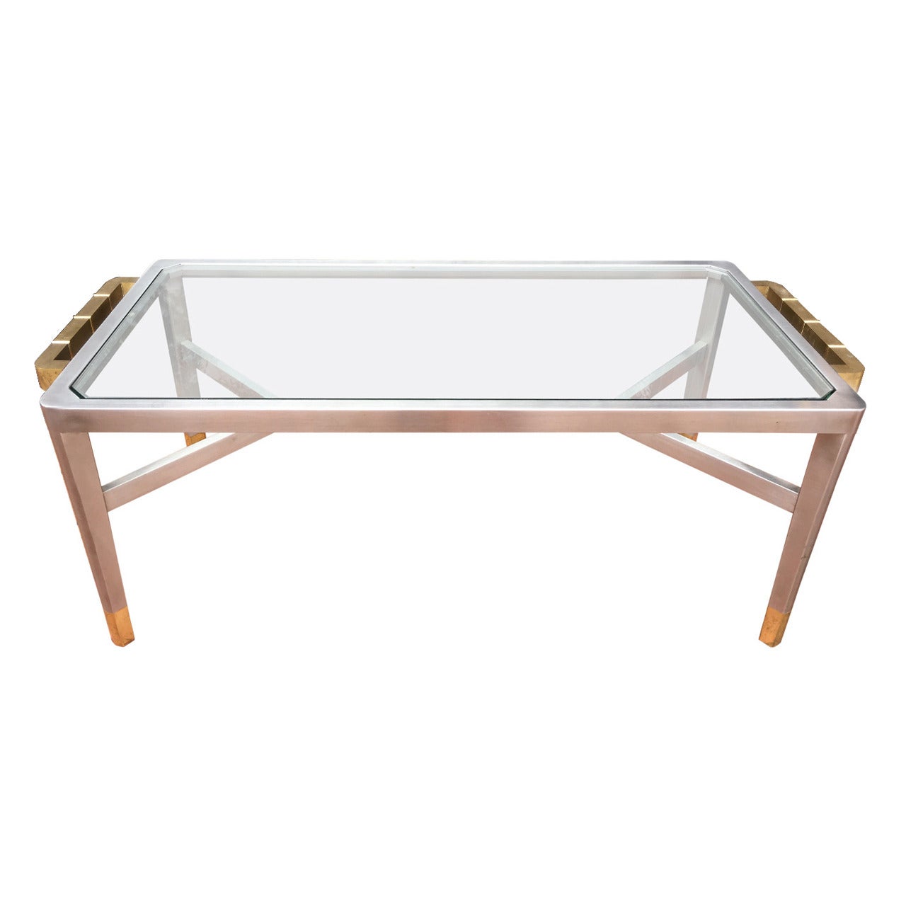 Exceptional Jansen Brushed Steel and Brass Cocktail Table (signed) For Sale