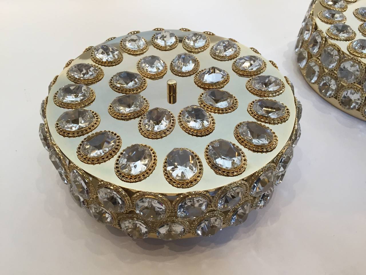 Exceptional Gilt Metal and Austrian Crystal Flush Mount by Palwa In Excellent Condition In East Hampton, NY