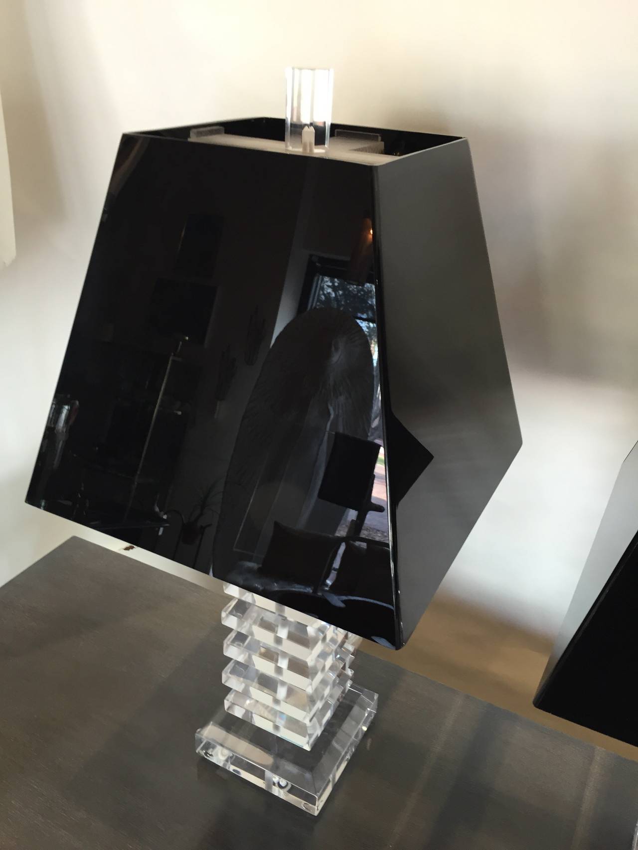 Thick beveled stacks of Lucite are amazingly well preserved, clear and clean. Black Lucite shades not included.