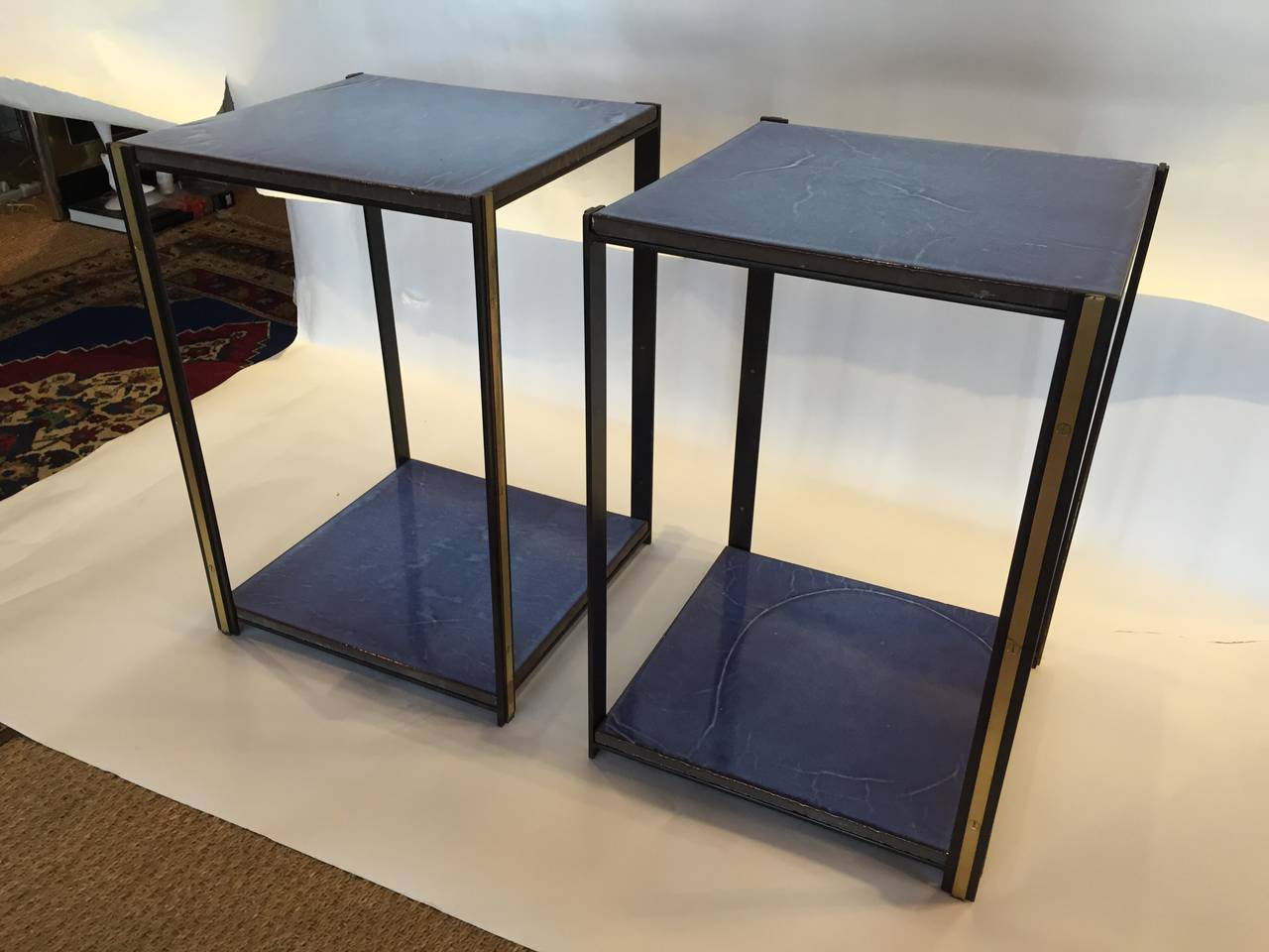 American Pair of Custom Iron and Brass Side Tables with Vibrant Handmade Plateaus