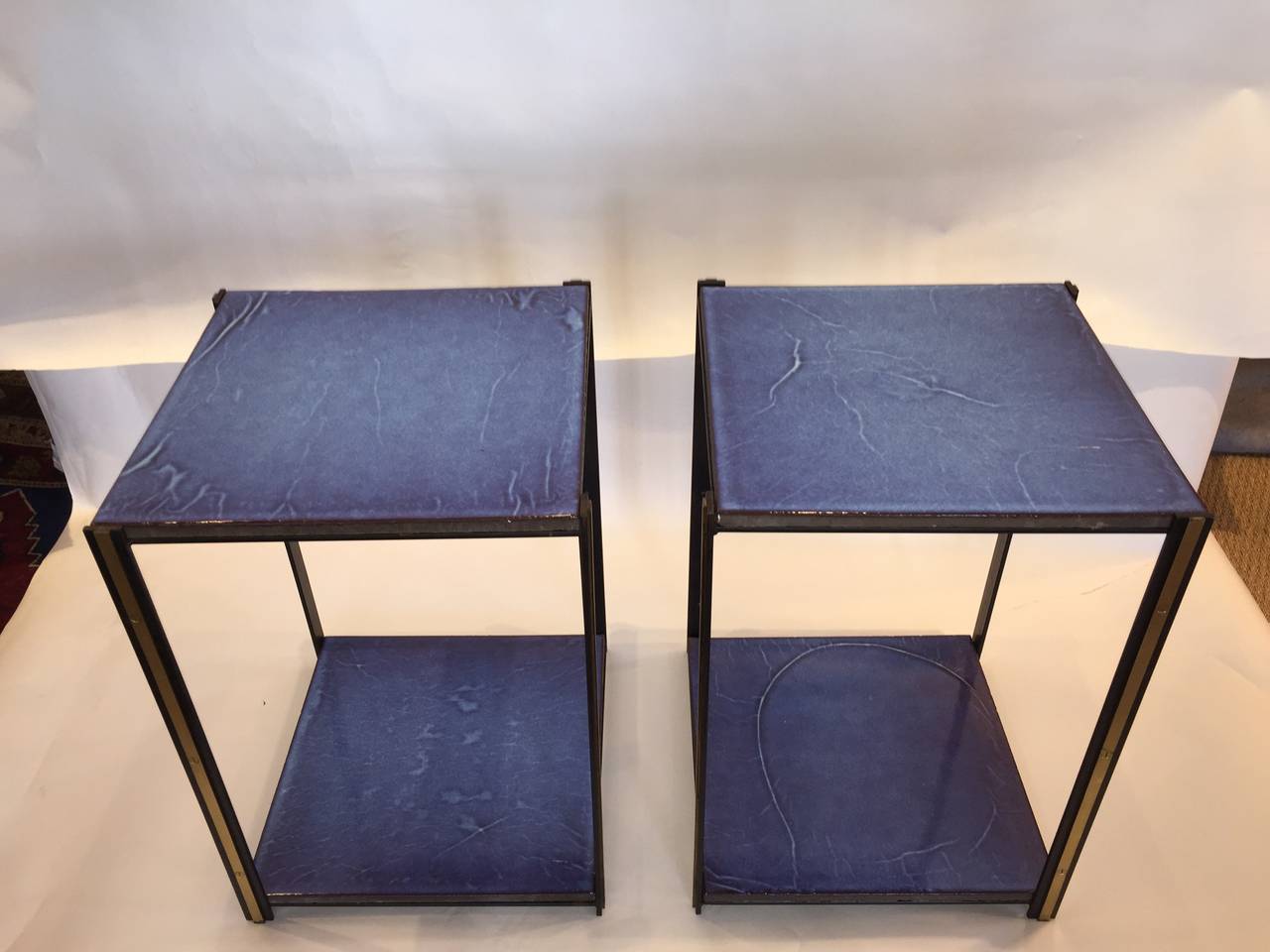 20th Century Pair of Custom Iron and Brass Side Tables with Vibrant Handmade Plateaus