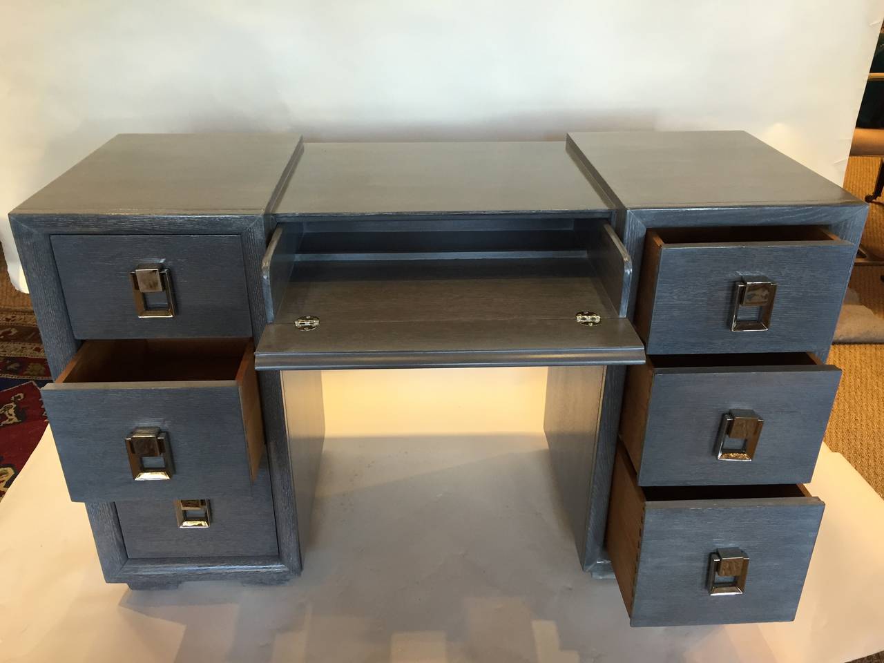 Lacquered 1940s Cerused Grey Oak and Nickel Hardware Vanity or Desk
