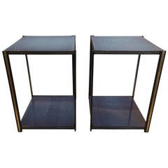Pair of Custom Iron and Brass Side Tables with Vibrant Handmade Plateaus