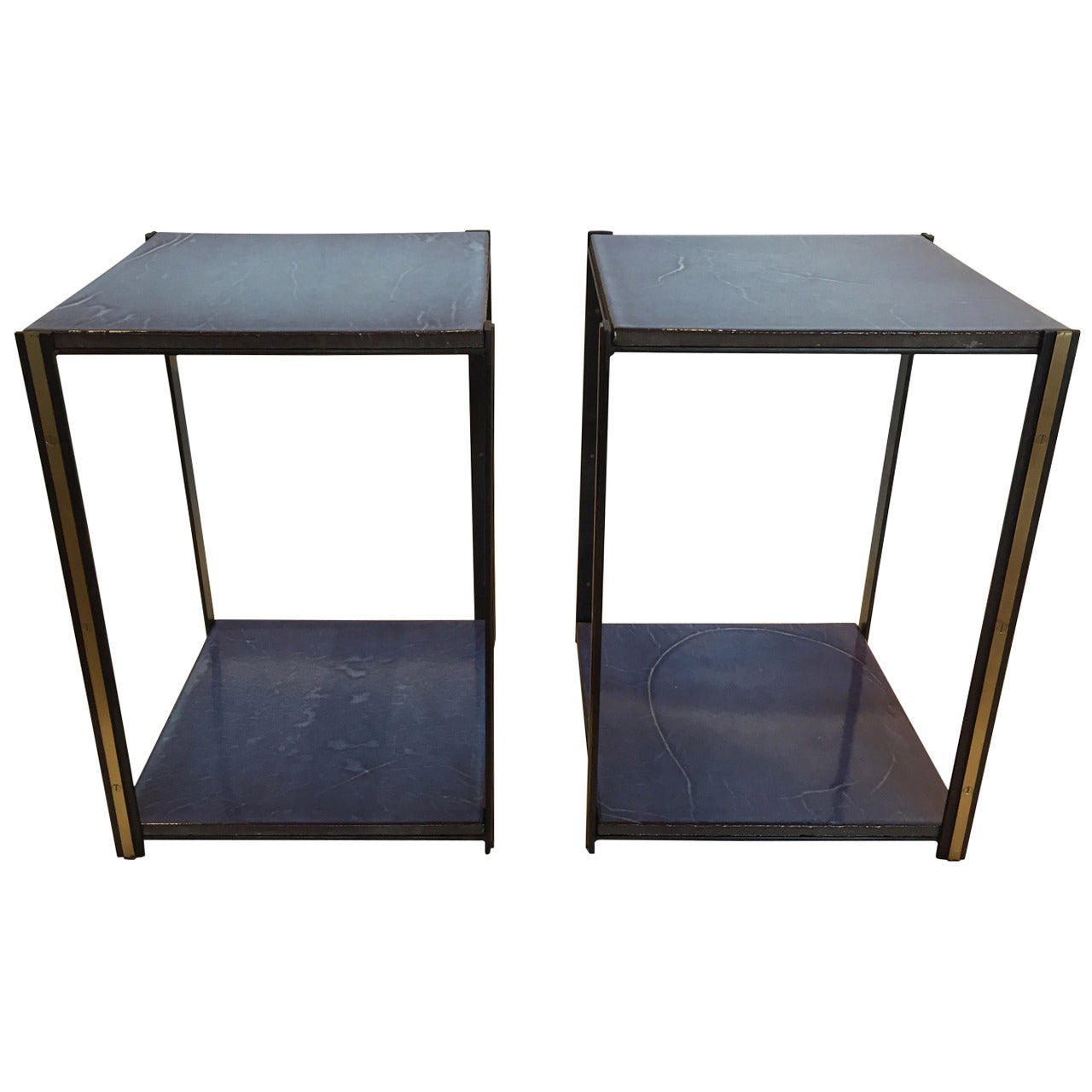 Pair of Custom Iron and Brass Side Tables with Vibrant Handmade Plateaus