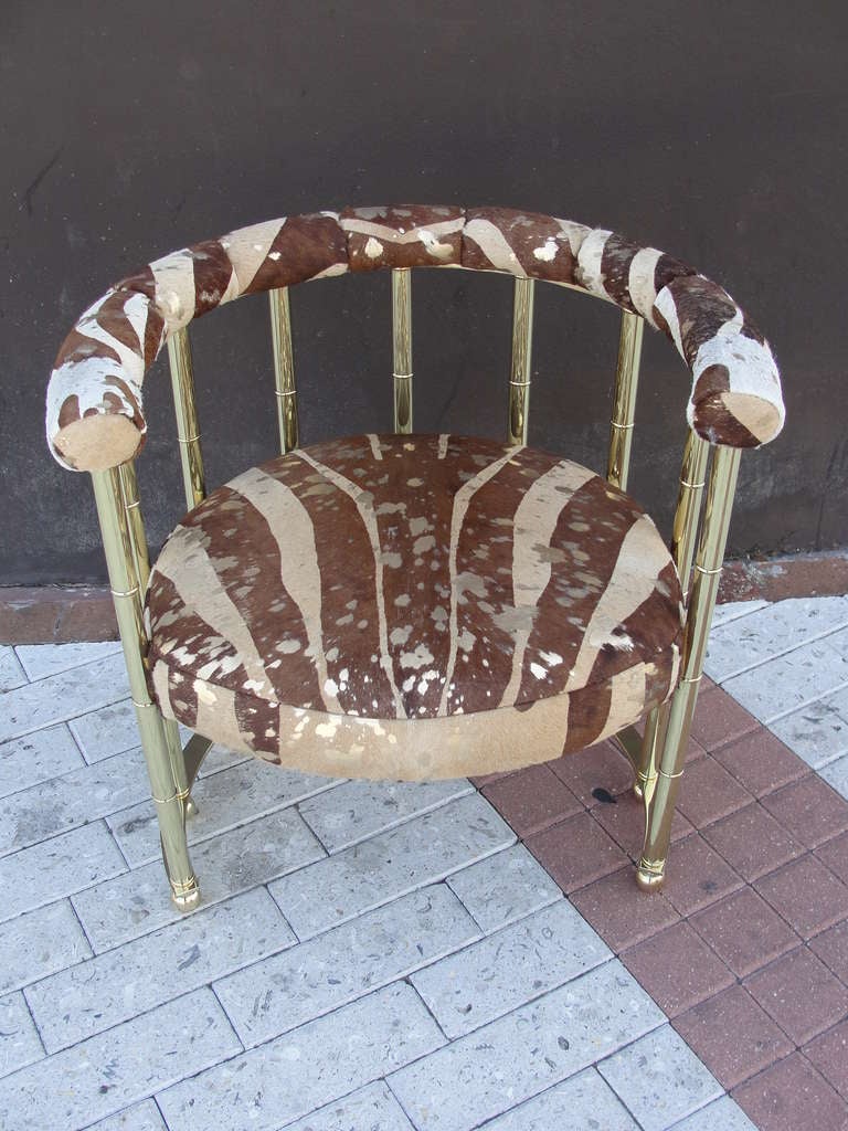 American Metallic Cowhide in Zebra Print Brass and Leather Armchair For Sale