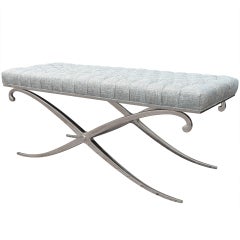 Vintage Extra Long X-Shape Steel Bench with Tufted Seat